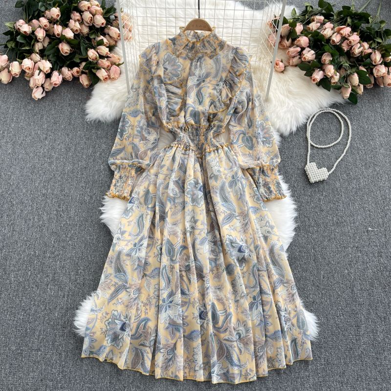 Đầm hoa vintage dài tay, váy hoa tay bồng tiểu thư