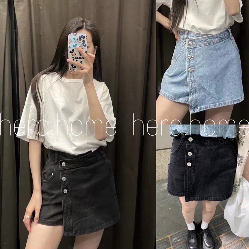 {Có sẵn} Quần short bò giả váy cúc vạt chéo