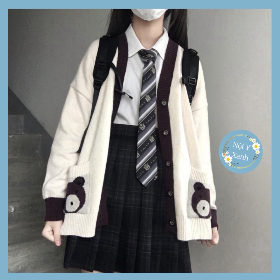 áo khoác cardigan len nữ noiyxanh phối viền túi hình con gấu hàng thời thượng QCCC phong thái korea A52 hot trend, phom