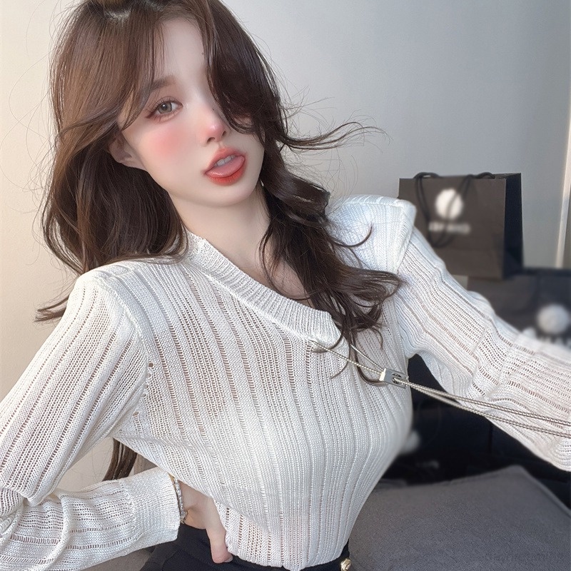 Áo Sweater Dệt Kim Mỏng Tay Dài Dáng Rộng Thiết Kế Khoét Rỗng Thời Trang Cho Nữ