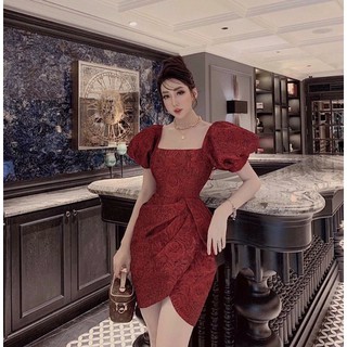 Đầm gấm đỏ cổ vuông dáng ôm xòe cực đẹp Ema Dress
