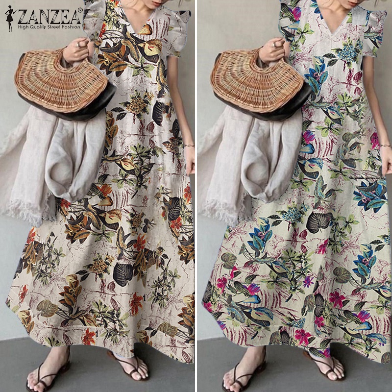 Đầm dài ZANZEA cổ chữ V tay ngắn phong cách retro thời trang cho nữ