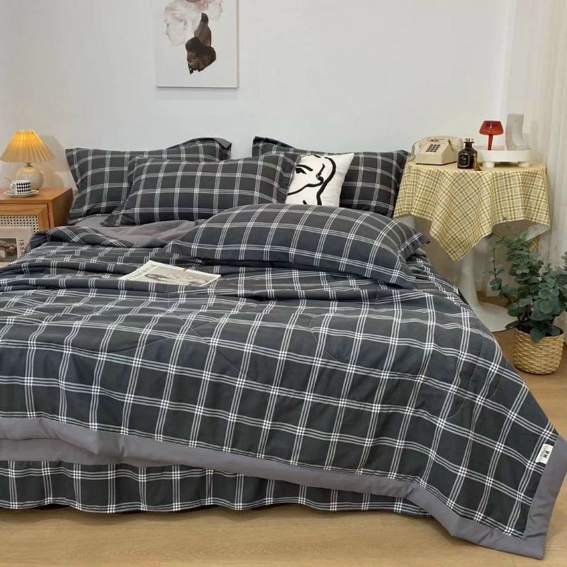 Bộ Chăn Ga Gối Cotton Đũi Kẻ Chăn Trần. Chăn Ga Hè Phong Cách Hàn Quốc