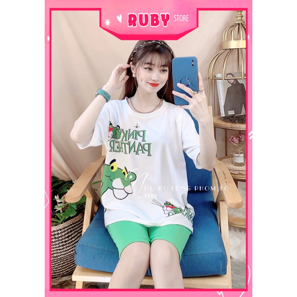 Đồ bộ thun lửng phom to cho nữ mặc nhà chất thun mềm mát in hình gấu hoạt hình dễ thương TP88