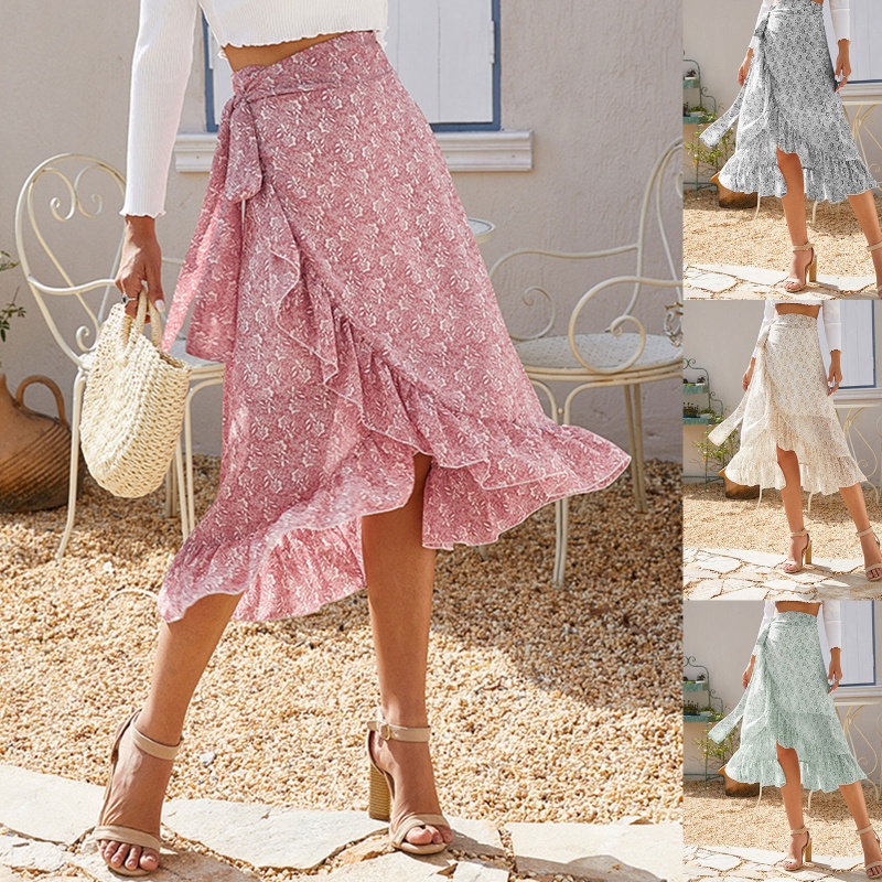 Chân Váy Midi Dài Dáng Chữ A Lưng Cao In Họa Tiết Hoa Phối Bèo Và Thắt Nơ Xinh Xắn Thời Trang Mùa Hè Cho Nữ