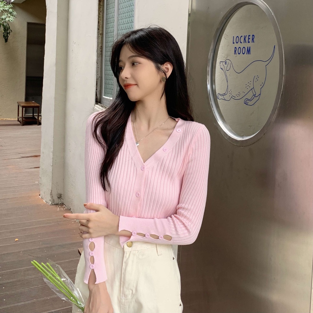 Áo khoác cardigan dệt kim tay dài cổ chữ v phối nút phong cách hàn quốc thời trang mùa thu mới cho nữ