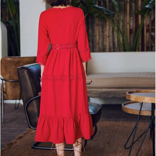 Váy maxi đỏ tay lỡ, kiểu dáng châu Âu