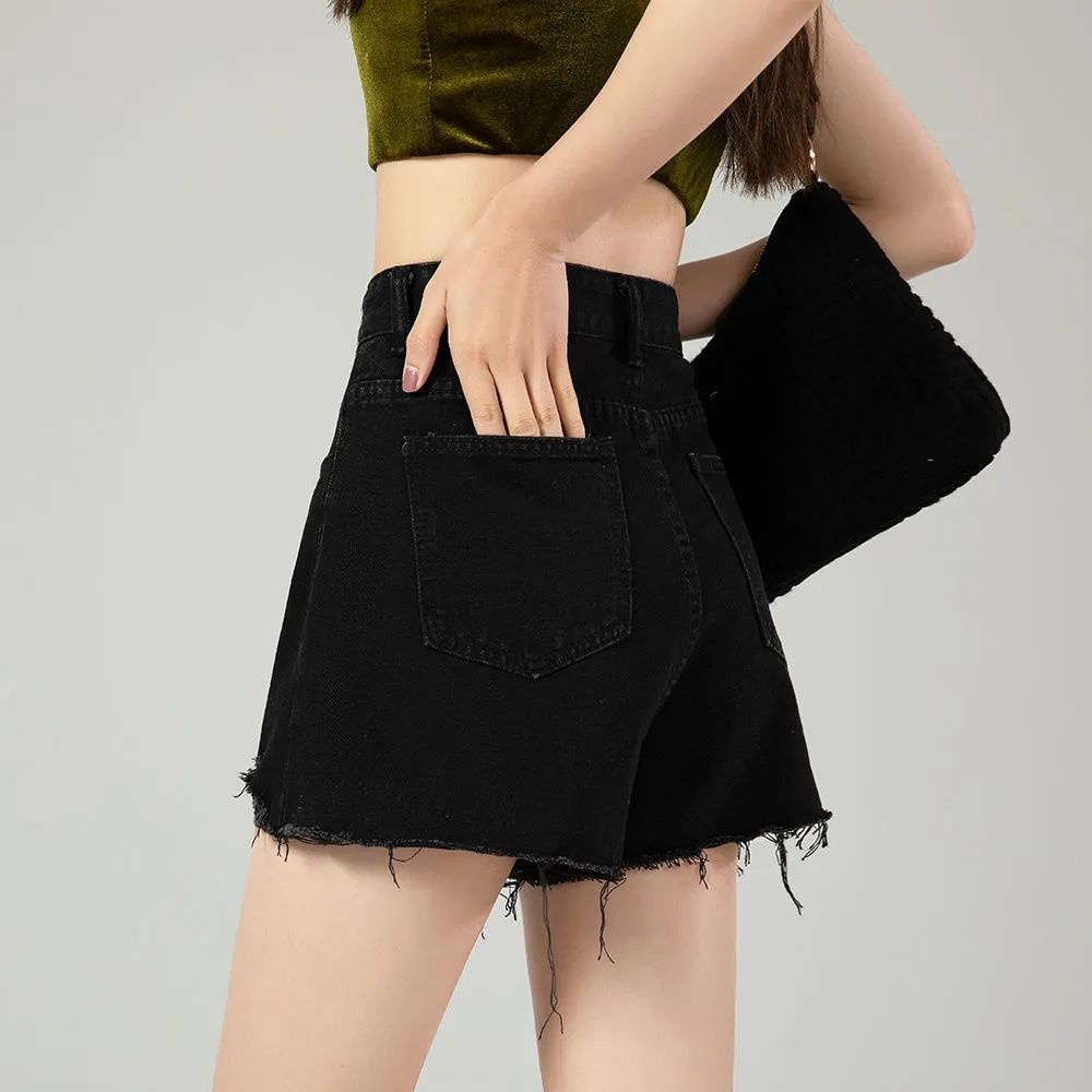 Quần Short Denim Đen Dáng Chữ A Ống Rộng Lưng Cao Phối Rách Thời Trang Mùa Hè 2022 Cho Nữ