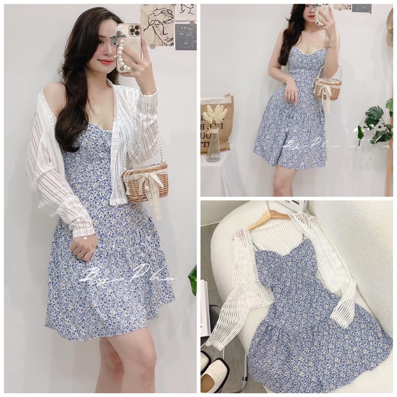 SET Đầm 2 dây hoa nhí xanh kèm khoác voan tay dài sọc mỏng NÀNG CLOSET