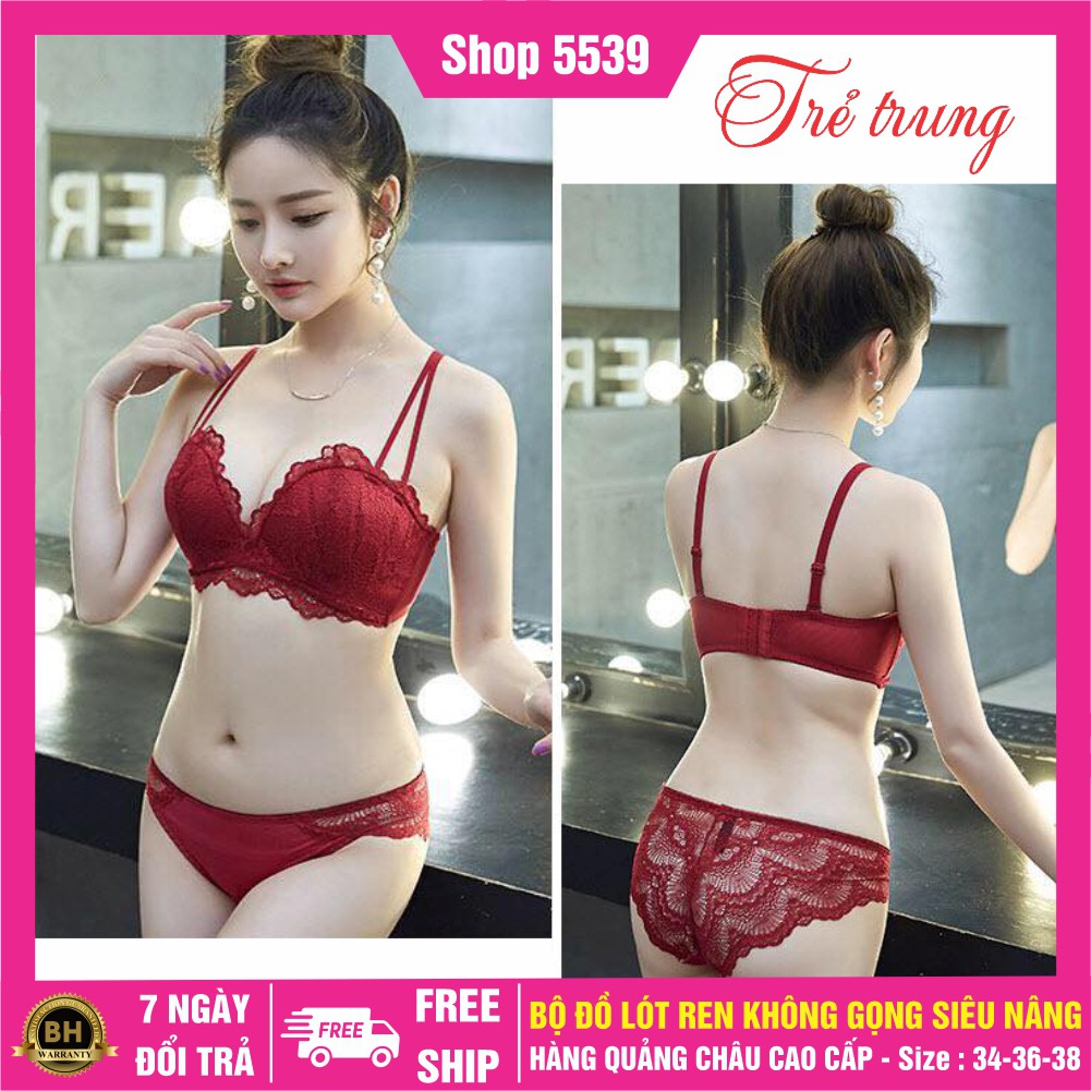 🌟 Có Video 🌟 Bộ đồ lót nữ nâng ngực không gọng ren mềm cup ngang bản to cài 3 nâng đẹp - Shop 5539
