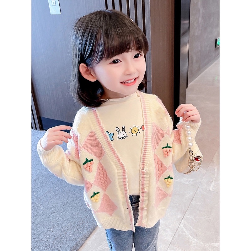 Áo khoác cardigan len cho bé gái, chất liệu dày dặn, đanh mịn giữ ấm tốt