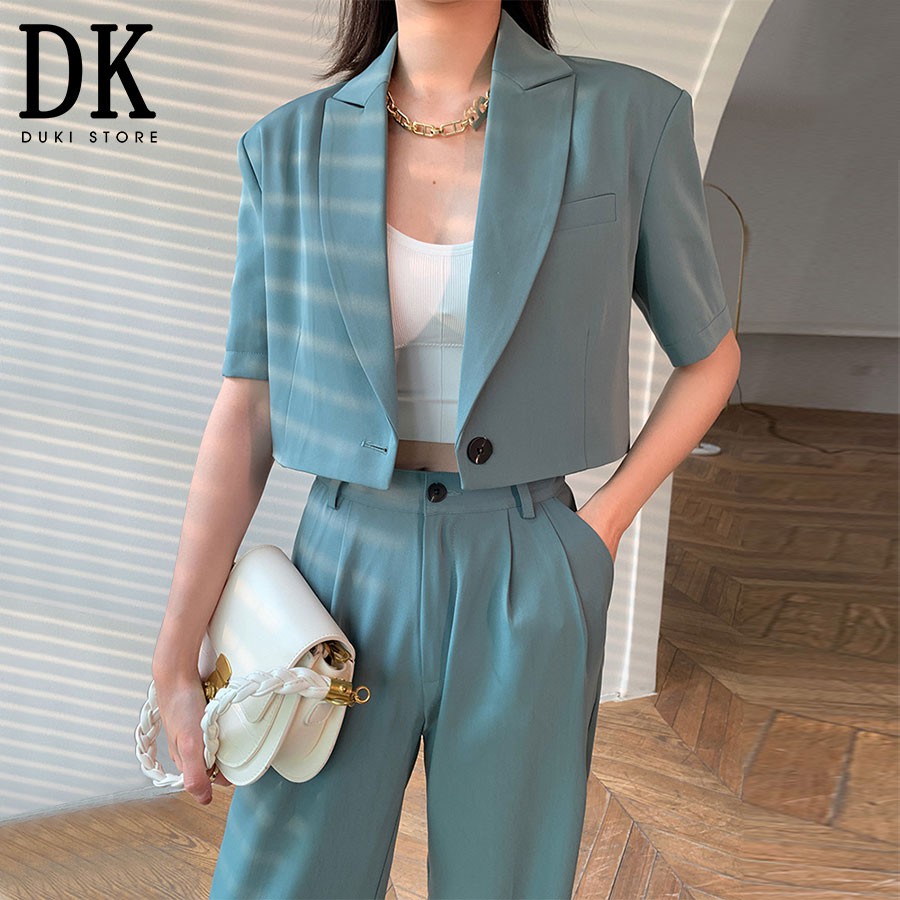 Áo khoác blazer, áo vest blazer nữ dáng lửng màu xanh đá cực xinh - DUKI STORE