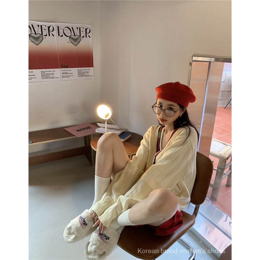 Áo khoác cardigan dệt kim tay dài dáng rộng màu sắc tương phản thời trang mùa thu cho nữ