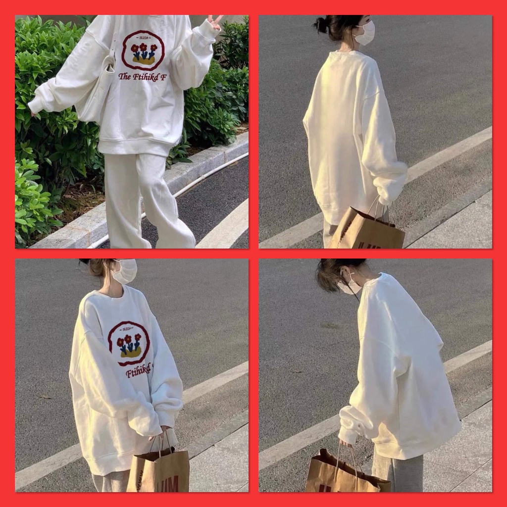 Áo sweater nỉ zip in 3 Hoa form rộng nam nữ cổ bẻ cao polo tay dài có khóa kéo hàn quốc màu trắng Unisex
