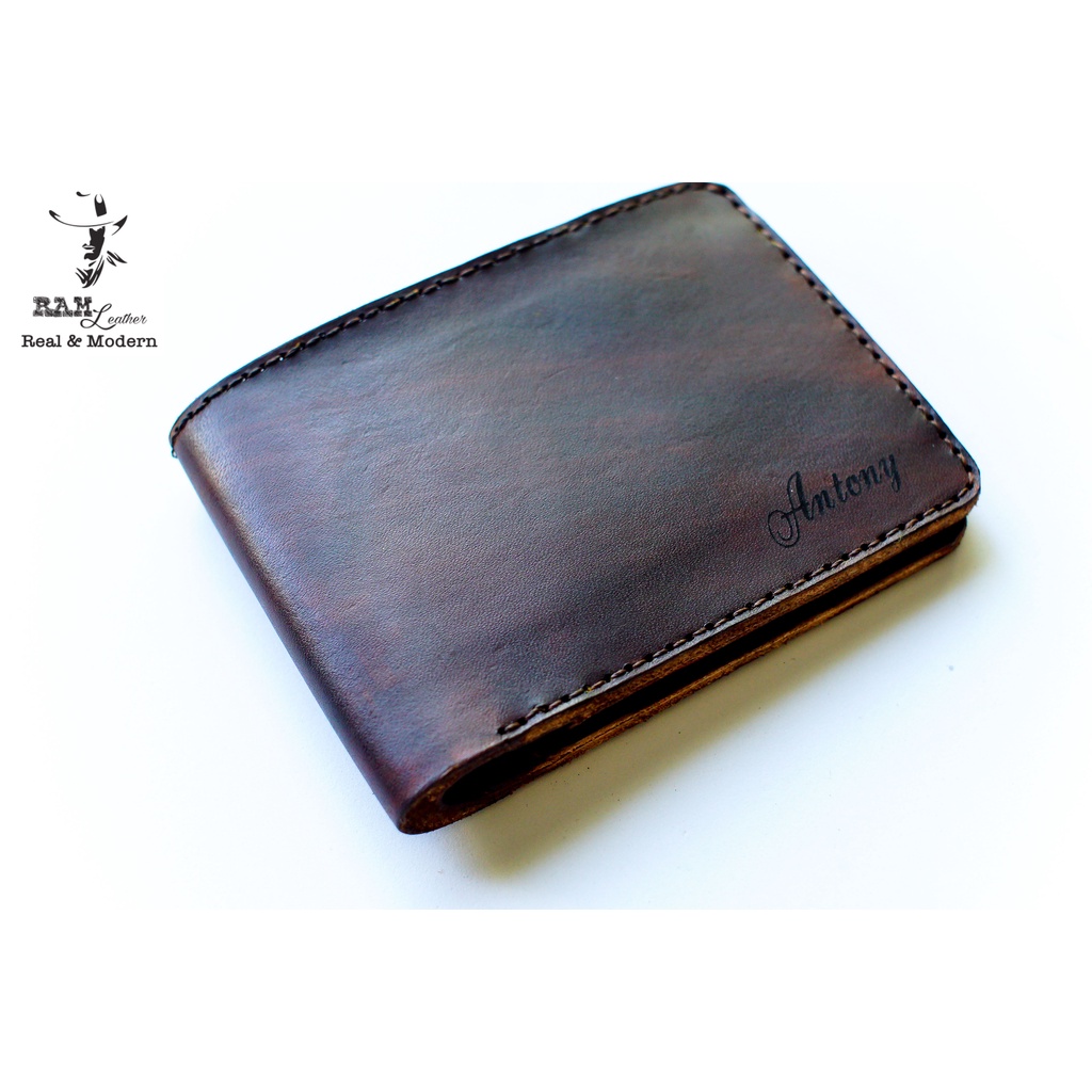 Ví nam nữ RAM Leather handmade da bò Italia Vegtan nâu đậm vintage