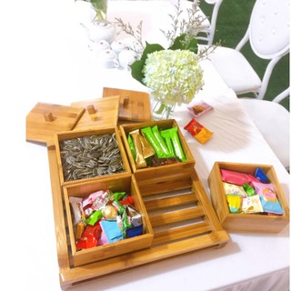 Comboo 4 hộp đựng bánh,mứt kèm khay gỗ tre/hộp đựng bánh kẹo