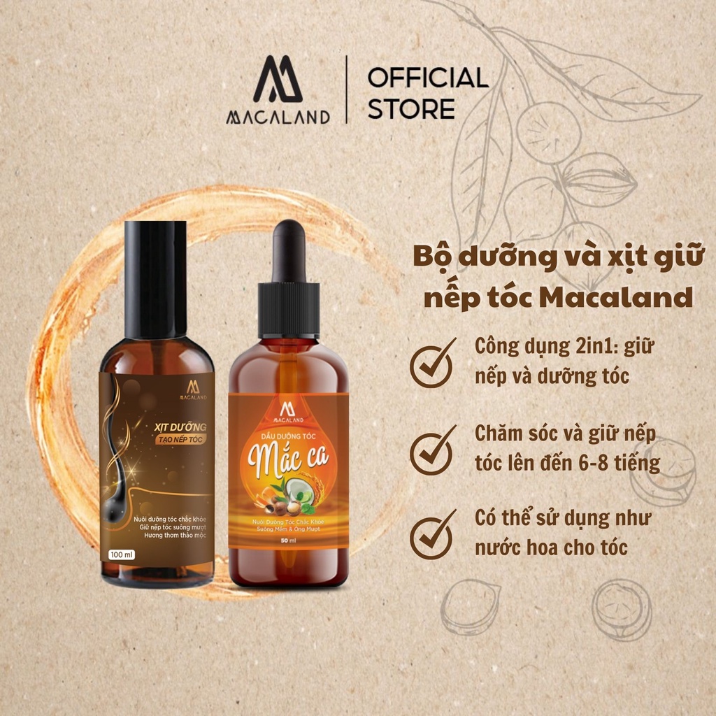 Combo dầu dưỡng tóc 30ml và xịt giữ nếp tóc 100ml óng mượt cả ngày dài MACALAND