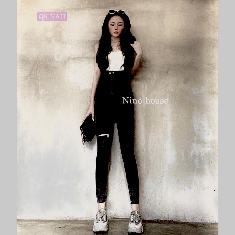 Quần bò cạp cao 2 cúc trơn+ rách Q5