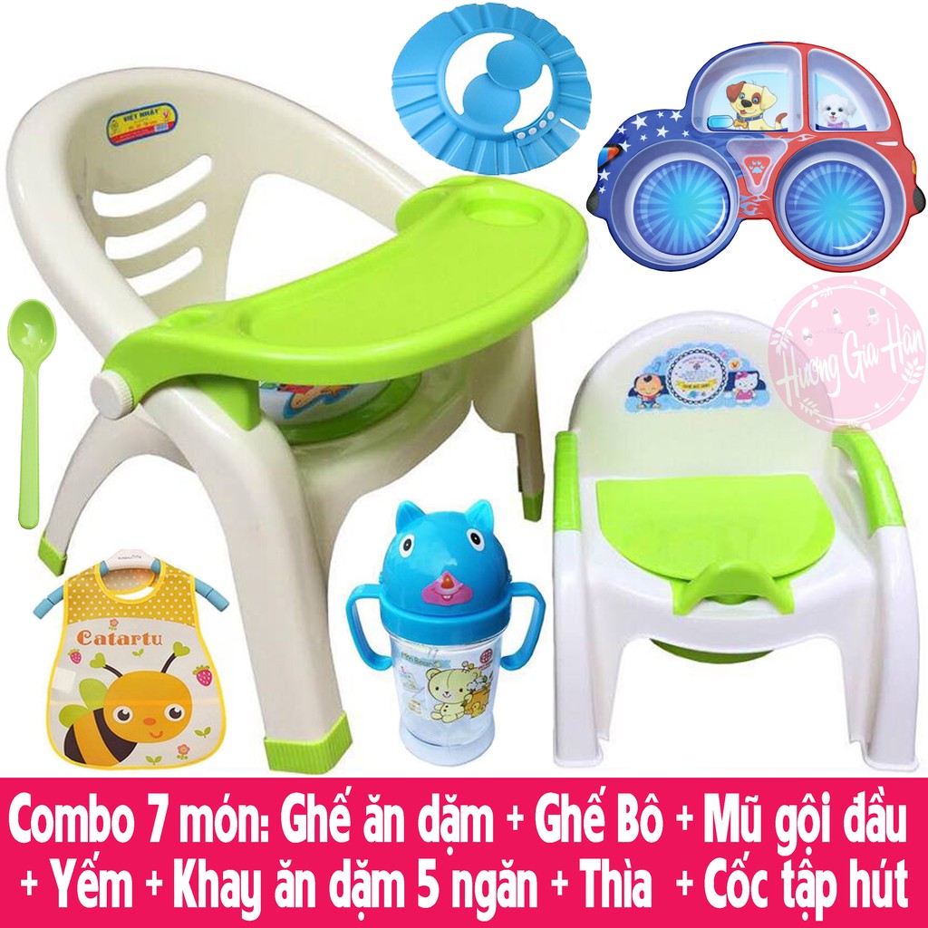 Combo 7 món: Ghế ăn dặm + Ghế Bô + Yếm + Bát ăn dặm 5 ngăn + Thìa + Cốc tập hút + Mũ gội đầu chắn nước cho Bé