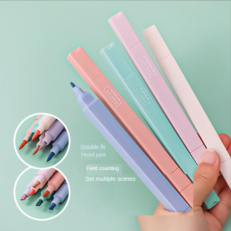 Set 6 Bút Đánh Dấu Hai Đầu Mềm Mại Sức Chứa Lớn Cho Học Sinh