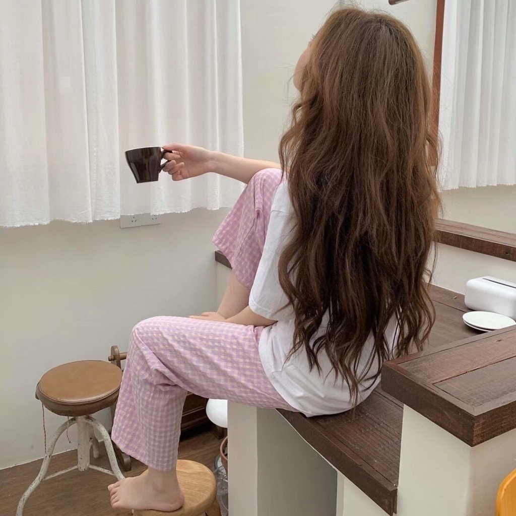 Quần Ngủ Cotton Ống Rộng Lưng Cao Họa Tiết Sọc Caro Phong Cách Hàn Quốc Mới | BigBuy360 - bigbuy360.vn