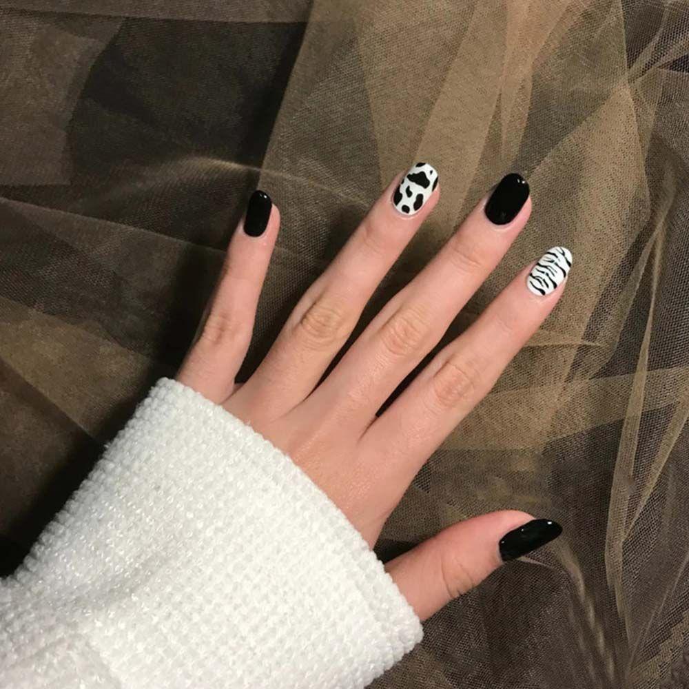 Hộp 24 Móng Tay Giả Ngắn In Họa Tiết Da Báo / Trái Tim Che Phủ Toàn Diện