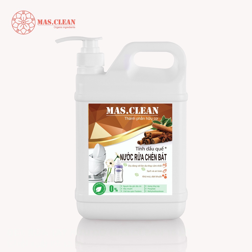 Nước rửa chén hữu cơ Mas.Clean Chanh Gừng sạch nhanh dầu mỡ và kháng khuẩn tự nhiên - can 1.8L