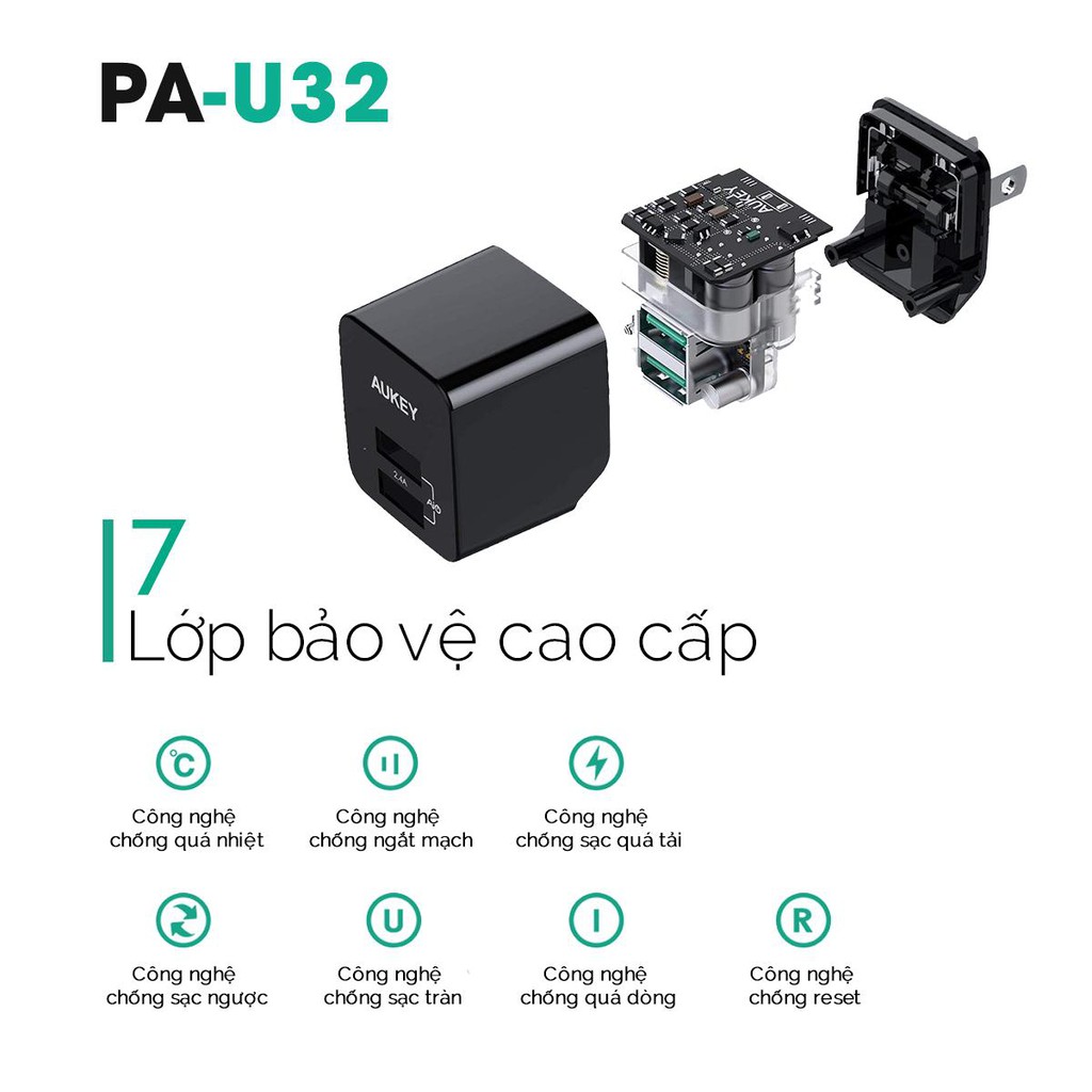 Sạc USB Aukey PA-U32 Đầu Ra 2.4A Công Nghệ AiPower Thông minh - Hàng Chính Hãng