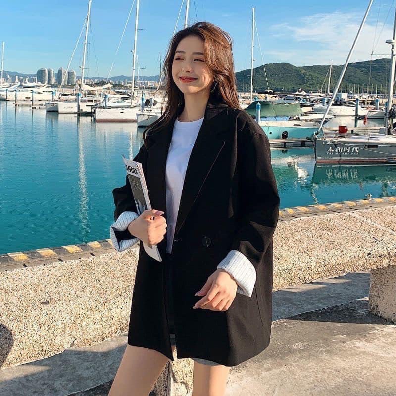 Áo blazer phong cách Ulzzang Hàn Quốc loại 1 màu be và đen dành cho nữ chất đẹp dáng vest dài tay phom rộng cá tính | BigBuy360 - bigbuy360.vn