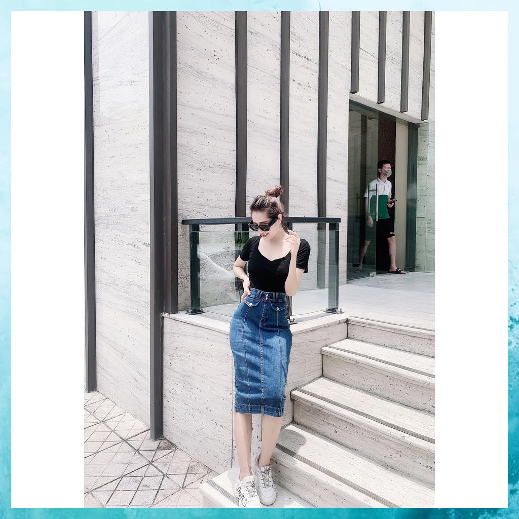[TH Jeans] Váy bò trơn dáng dài qua gối, váy jeans lưng cao túi chéo phối gân, 2 khuy. Mã V0140
