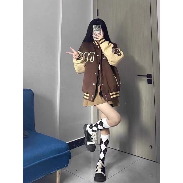 Áo khoác bomber varsity tay da hoạt tiết thêu phong cách retro thời trang nam nữ