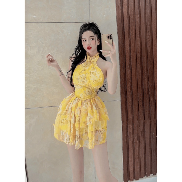 ĐẦM VOAN HOA CÓ MÚT CÓ LÓT QUẦN CỔ YẾM DÁNG NGẮN SIÊU HACK DÁNG UP