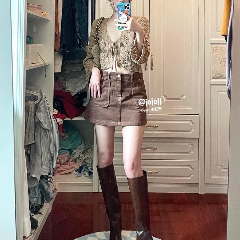 Áo len cardigan len móc nâu buộc dây cổ Zara xuất A129