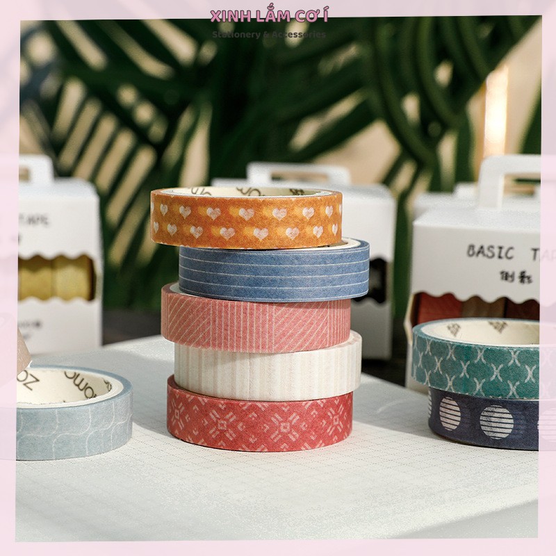 Set 5 Cuộn Băng Dính Washi Tape Họa Tiết Xinh Xắn Trang Trí Số Nhật Kí [Xinh Lắm Cơ Í]