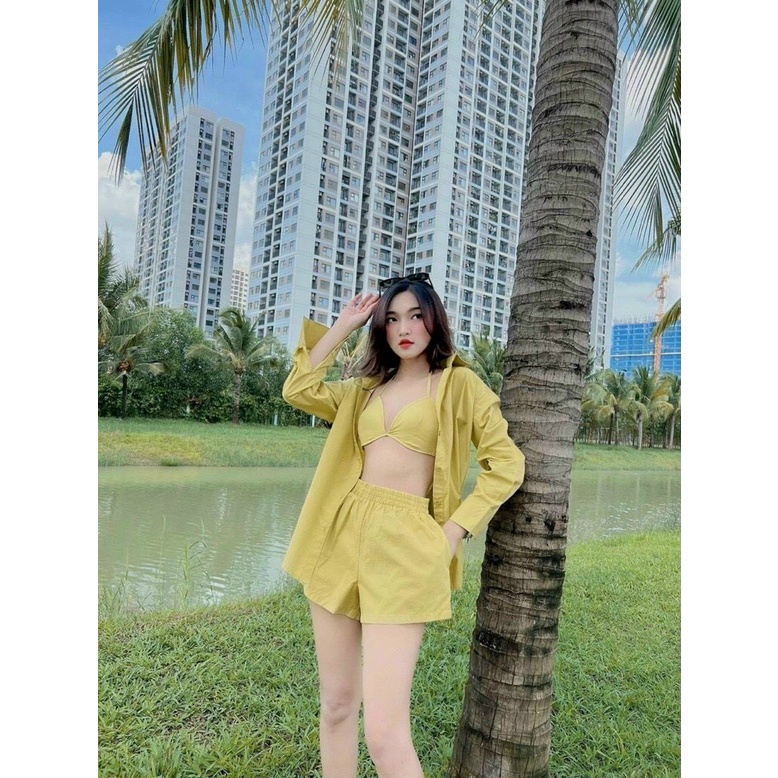 [8.8 Sales Freeship] Set bộ 3 món đi biển, set áo sơ mi trơn màu tay dài kèm áo bra trong mix quần sooc đùi cá tính