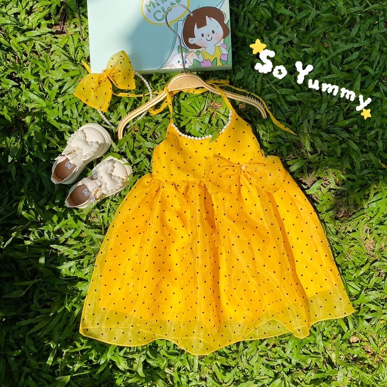 Set váy yếm 2 dây công chúa vàng chấm bi đen cho bé gái sơ sinh 1 2 3 4 tuổi MINTSCLOSET Mint's Closet - GS1092 - s1088