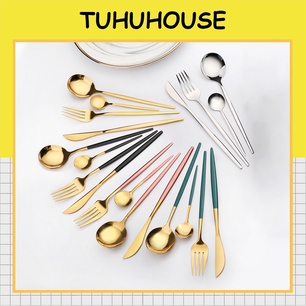 Thìa muỗng nĩa dao inox 304 mạ vàng cán dài nhiều màu sang chảnh hàng cao cấp - Tuhu's House