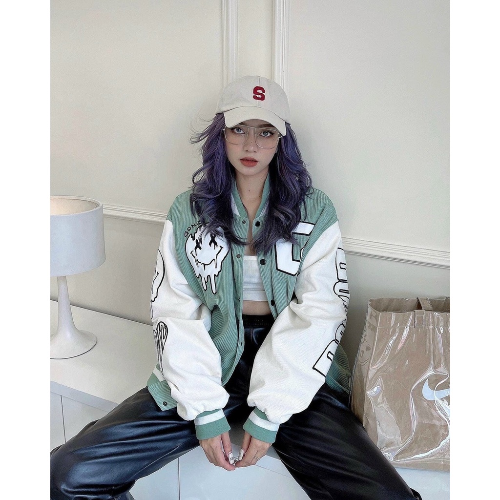 Áo Khoác Bomber Thêu Chữ G Chất Nhung Tăm Form Rộng Áo Varsity Jacket Phong Cách Unisex Ulzzang Nữ