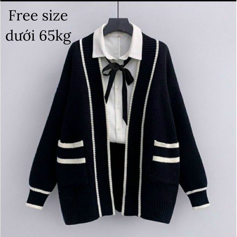 Áo len nữ cardigan dệt kim dài tay phối viền bo chun tay form rộng hai màu đen trắng basic FIZANO