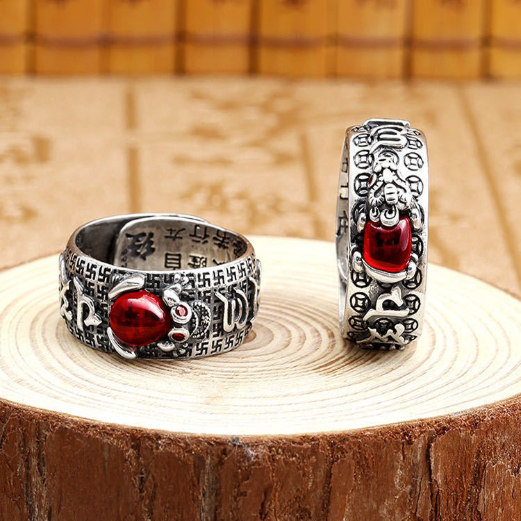 S999 sterling silver retro transfer lucky garnet Nhẫn Pixiu nam nhân cách độc đoán thần chú sáu ký tự Tâm Kinh