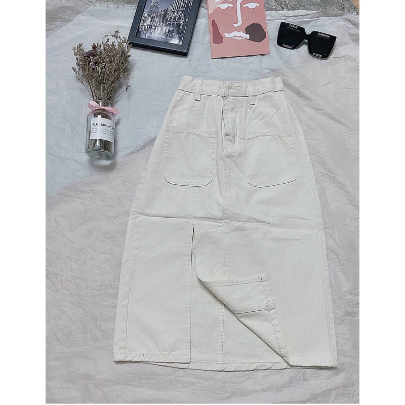 CHÂN VÁY JEANS TRẮNG XẺ