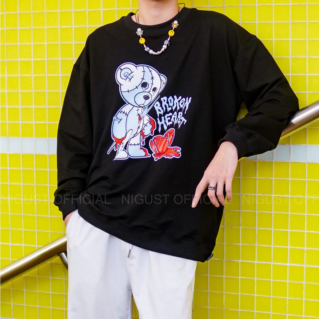 Áo sweater nam nữ local brand NIGUST Broken Heart N102 chất liệu nỉ da cá form rộng màu đen trắng Fullbox