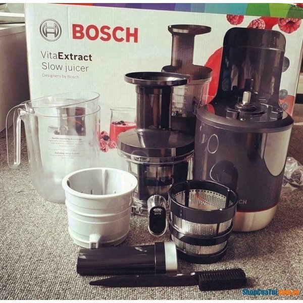 Máy ép chậm Bosch MESM731M với 3 lưới ép kết hợp làm kem, sinh tố, nước ép. Bảo hành 1 năm