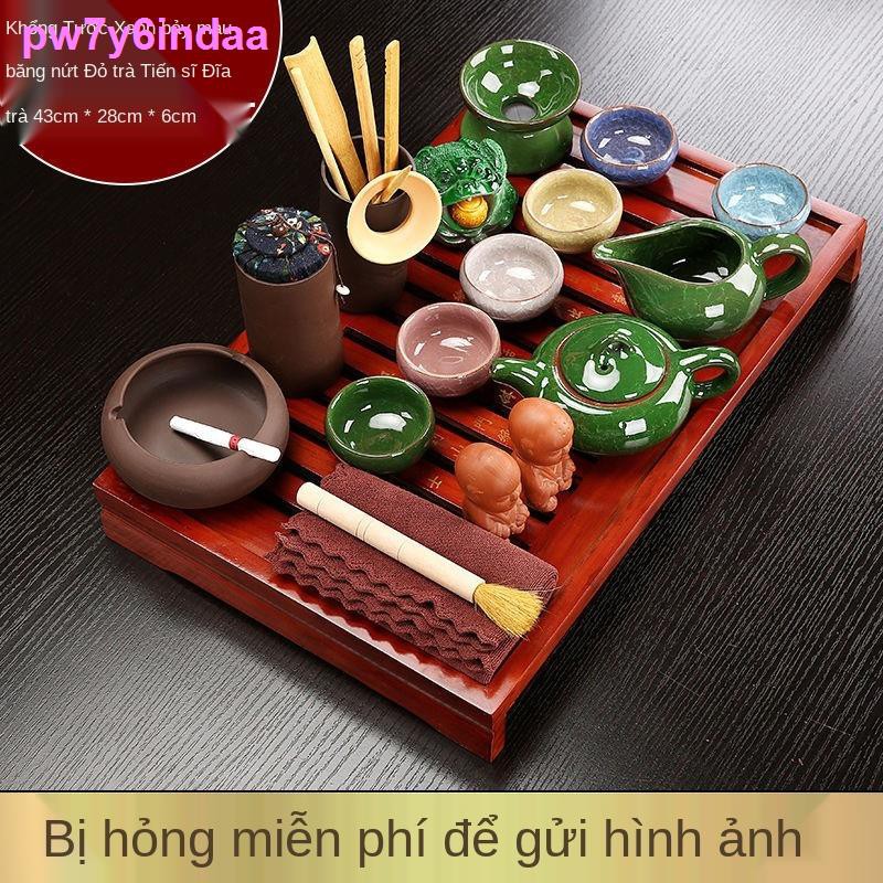 > Kung Fu Tea Set Home Khay trà gỗ nguyên khối, ấm cát tím, cốc, ly sứ, phụ kiện đạo, bàn