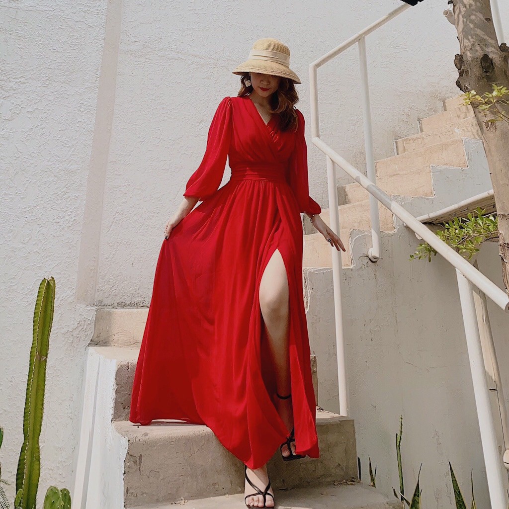 Đầm dự tiệc xẻ tà cổ V, đầm Maxi đi biển, chụp ảnh siêu sang chảnh, cực phẩm VINTAGE STORE | BigBuy360 - bigbuy360.vn