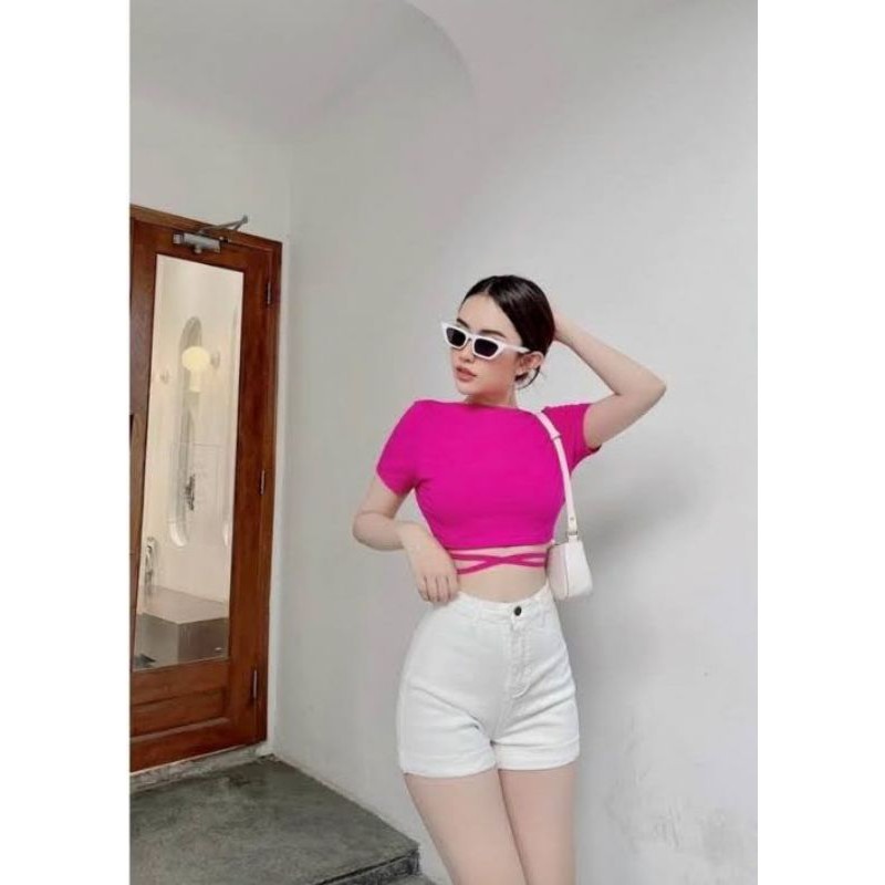 Áo croptop dây quấn eo tay ngắn mặt được 2 kiểu chất borip xịn hàng y hình ( free size từ 40-53kg)