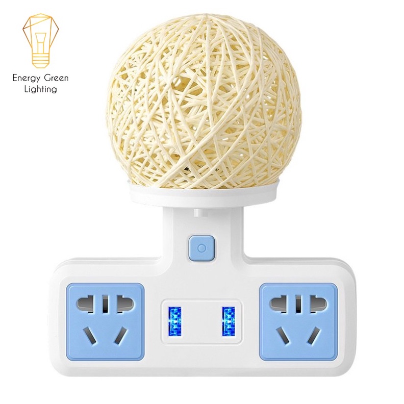 Ổ Cắm Điện Đa Năng - Đèn Ngủ Cầu Mây Energy Green Lighting - 2 Cổng USB , Ổ Chịu Tải 2500W, Chống Cháy Nổ