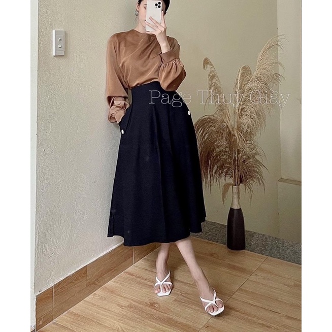 BÁN SỈ CHÂN VÁY XOÈ MIDI GEN BỤNG 2 MÀU ĐEN NÂU CHO NỮ | BigBuy360 - bigbuy360.vn