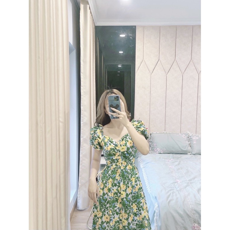 VNU241 - VÁY MAXI DÚM NGỰC HOA VÀNG LÁ XANH ĐUÔI CÁ | BigBuy360 - bigbuy360.vn
