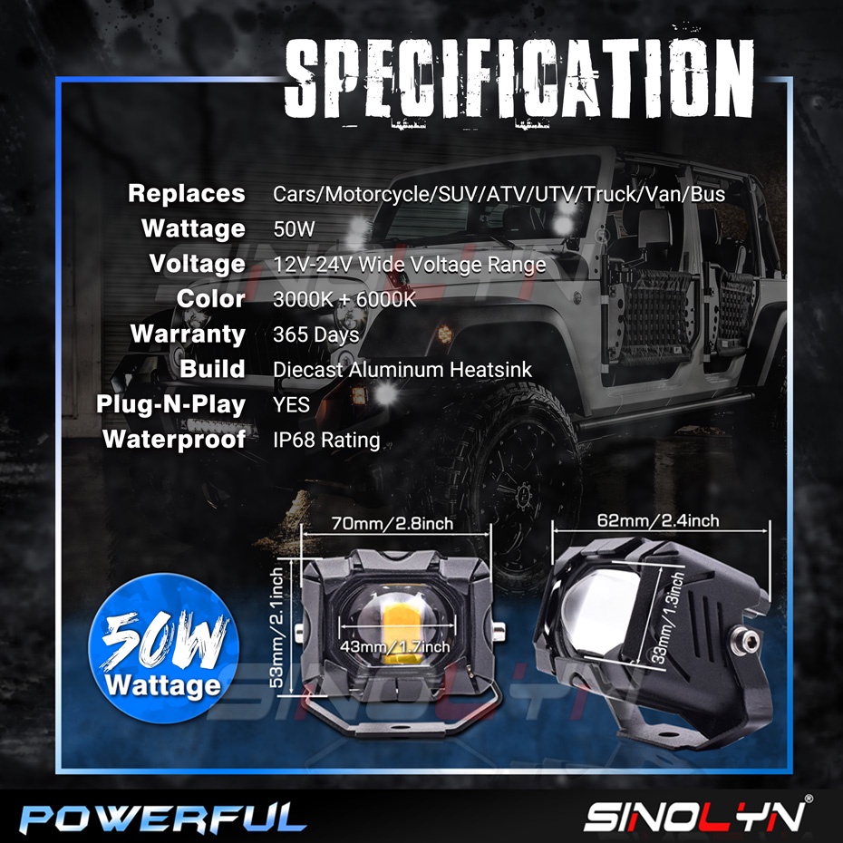 Đèn Pha Sinolyn U9 LED 12D 6000K 3000K 50W 12V 24V Chất Lượng Cao Cho Xe Mô Tô